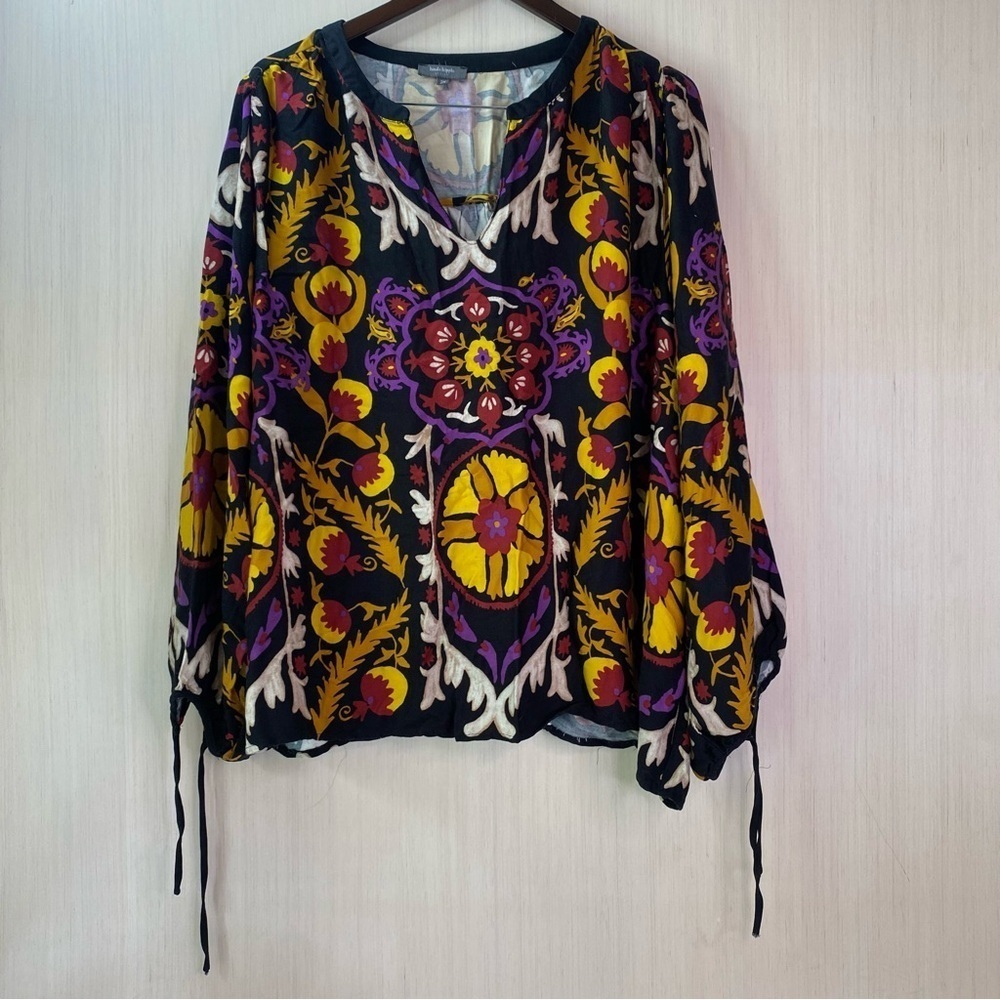 Haute Hippie Multicolor Floral V-Neck Balloon Tie Sleeves Top Boho Size 2X